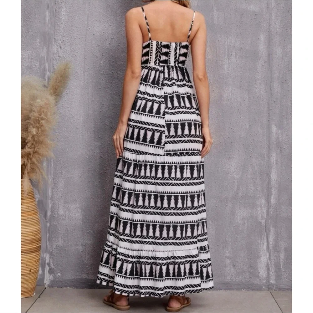 Bohemian Pattern Black White Ruffle Cami Maxi Dress S M L XL - Picture 3 of 4